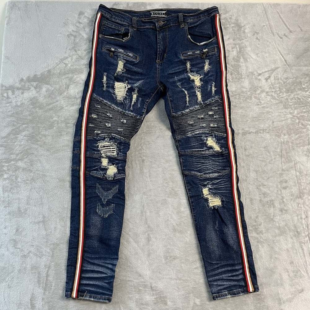 Decibel Moto Jeans Mens 38x34* Distressed Biker Denim Striped Slim Straight Zip